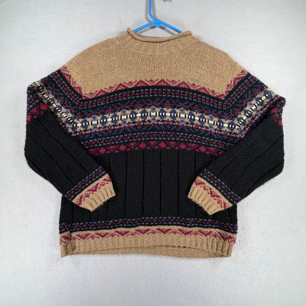 Classic Elements Women's XL Fair Isle Sweater Made USA Nordic Pullover Tan Black